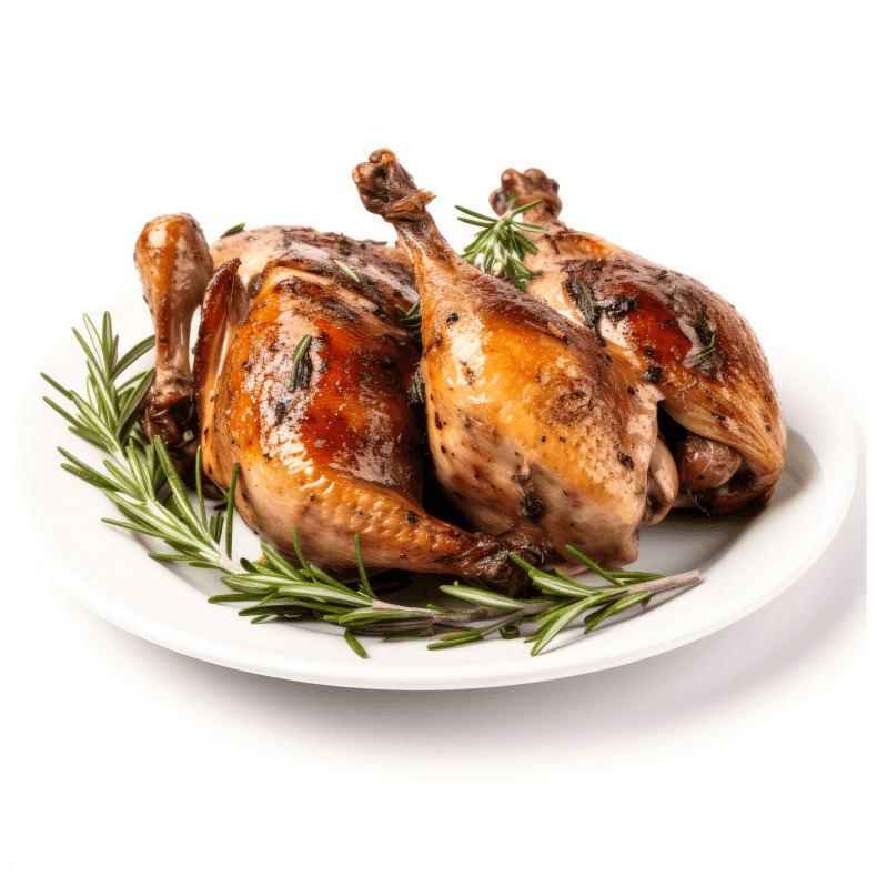 A plate with a roast pheasant on it.